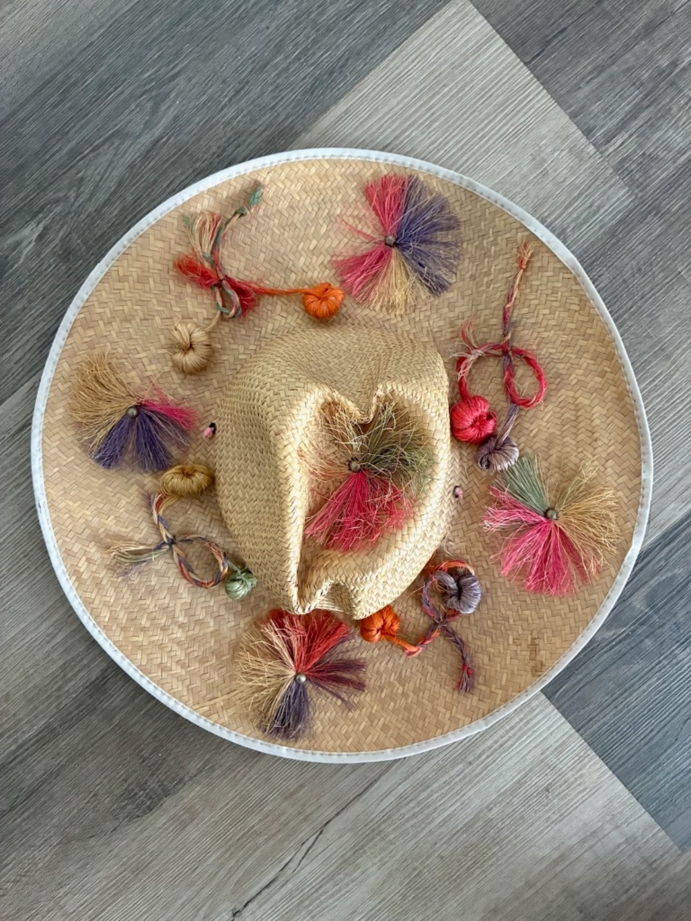 1960s Straw Sun Hat with Straw Flowers OS